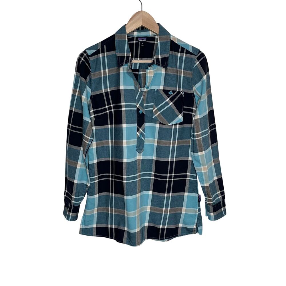 Patagonia Featherstone Plaid Tunic Shirt Women S Blue Black Organic Cotton